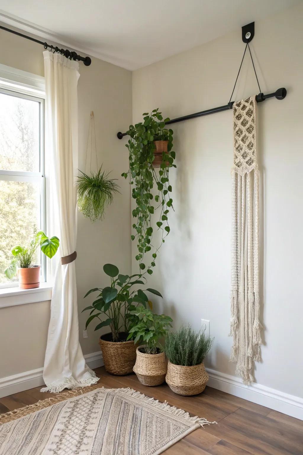 Renter-friendly plant drama: a ceiling-to-floor tension rod corner packed with lush greenery.