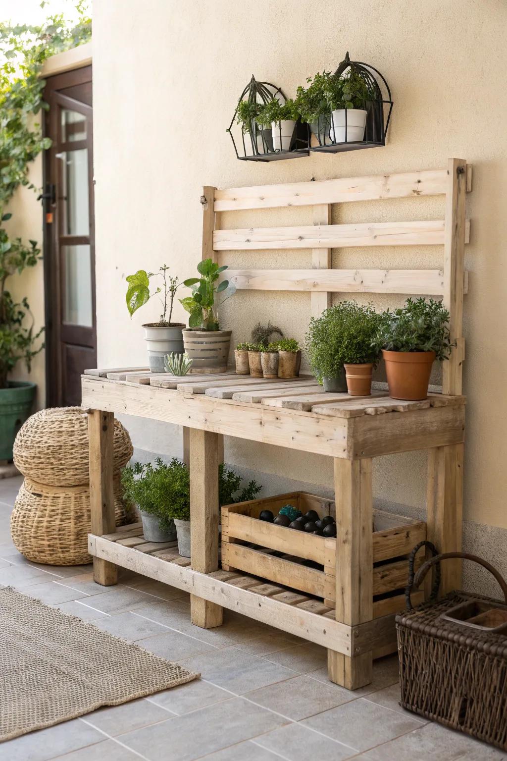 Transform your gardening space with a chic and functional pallet potting bench that blends minimalist design with a Boho touch.