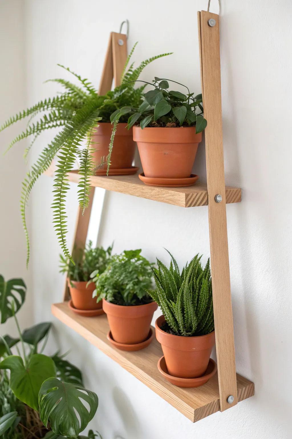 Matching terracotta pots make a small plant wall shelf feel calm, cohesive, and intentionally styled.