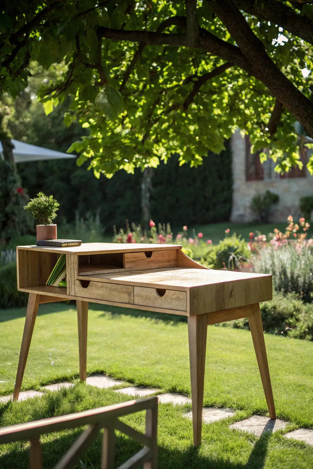 Elevate your workspace with an elegantly crafted outdoor plywood desk, where nature meets productivity.