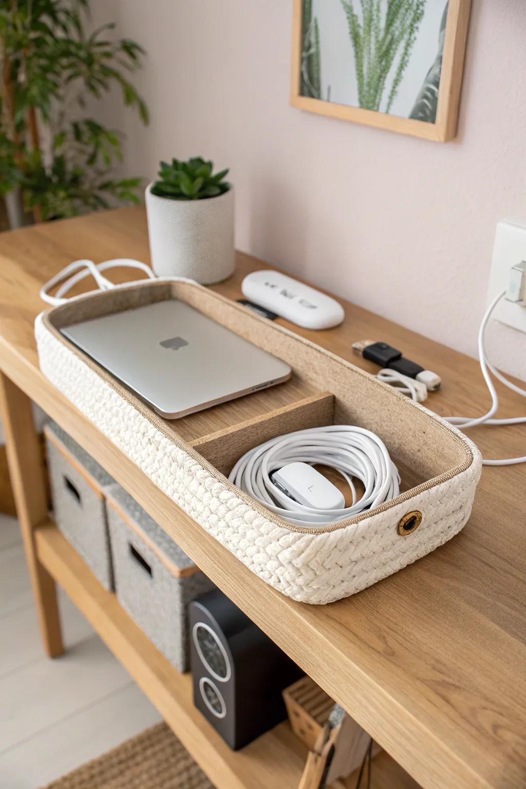 Invisible cable control that makes a tiny pocket office look instantly styled, not chaotic.