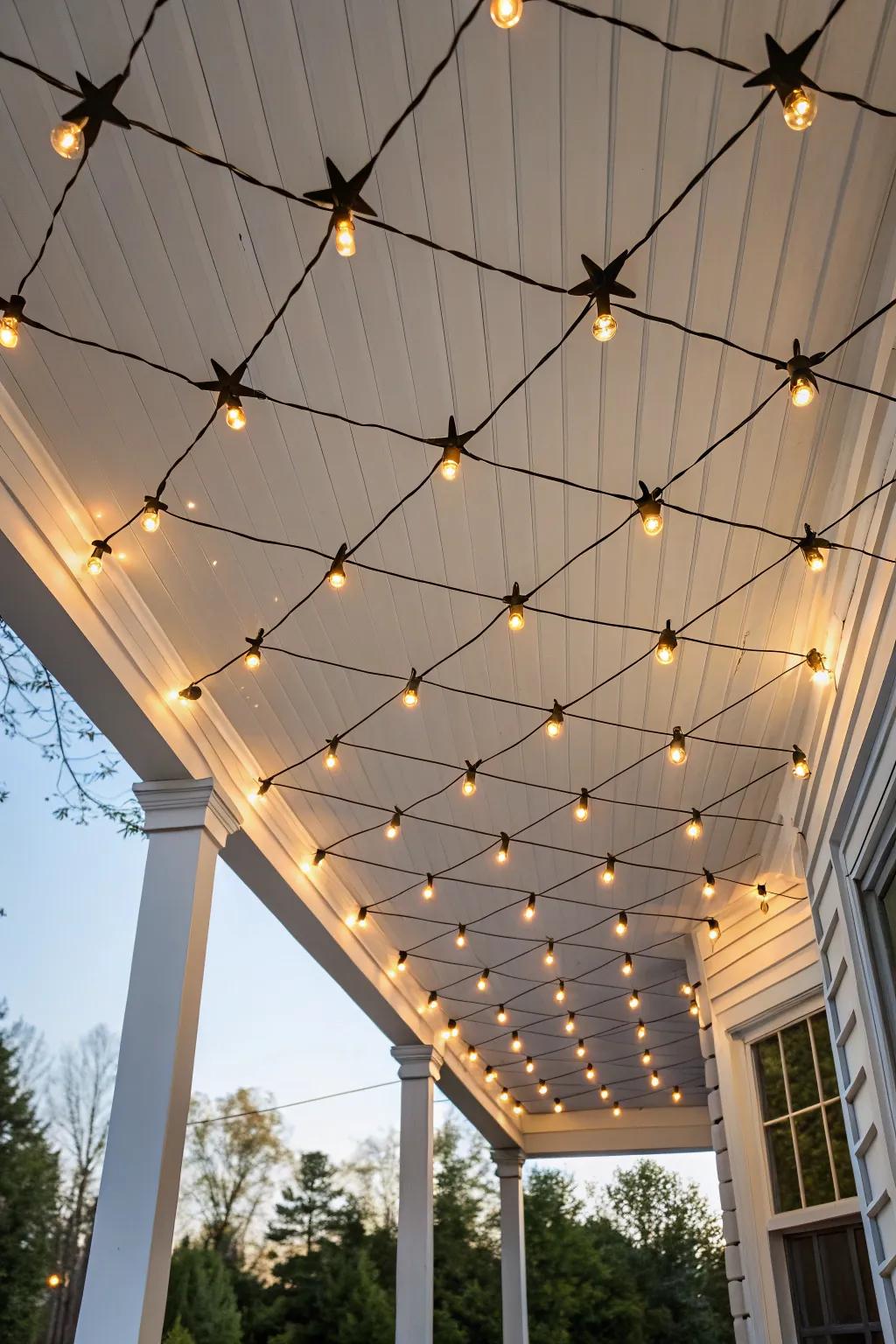 Turn a plain porch ceiling into a glowing star canopy with a simple string-light grid.