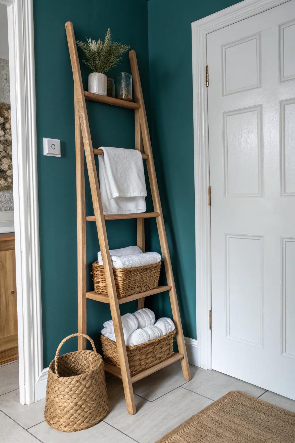 Slim ladder shelf transforms a dead corner into airy vertical storage—stylish and drill-free.