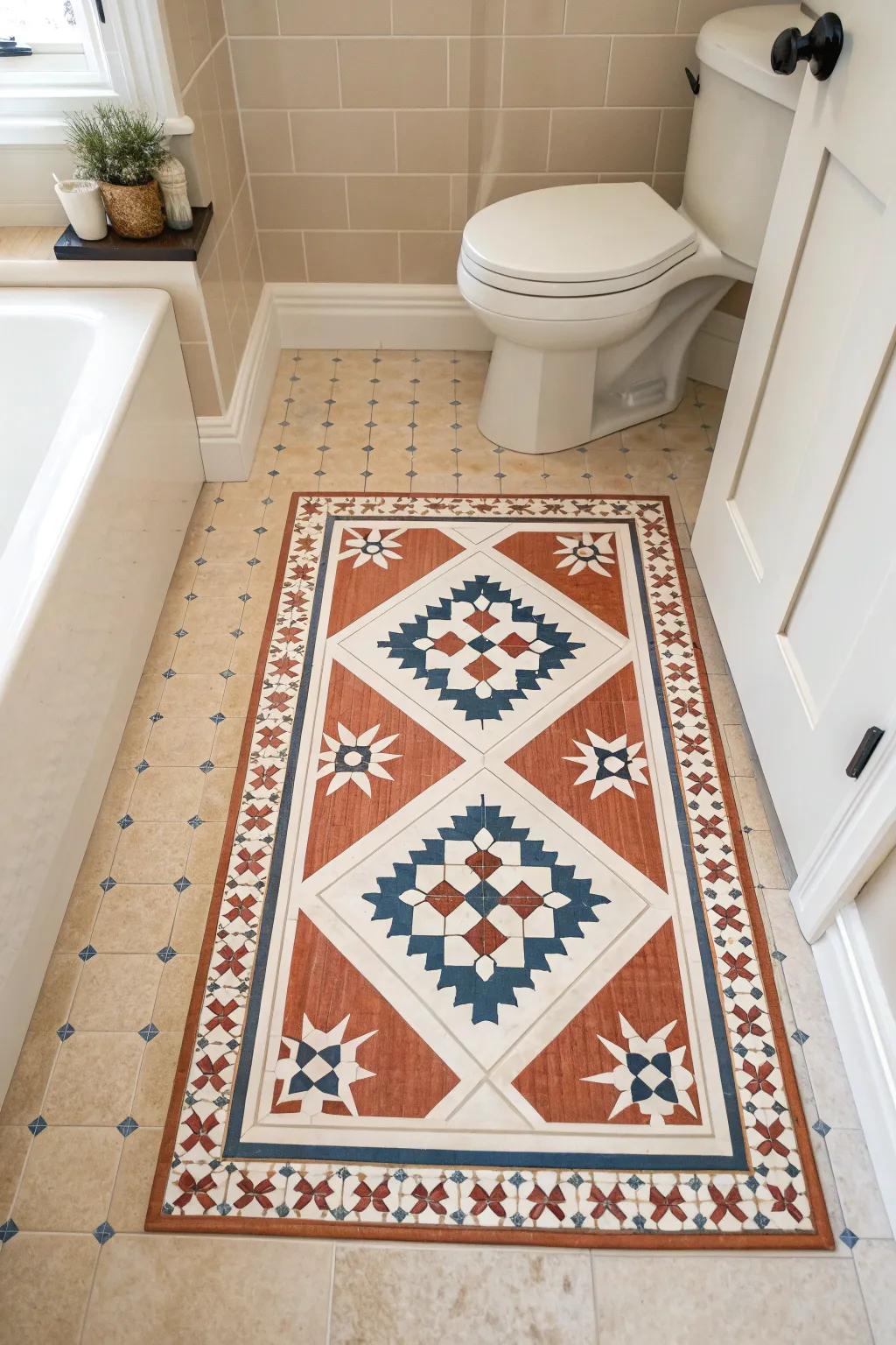 A mop-friendly “tile rug” inlay that adds instant personality to the smallest powder room.