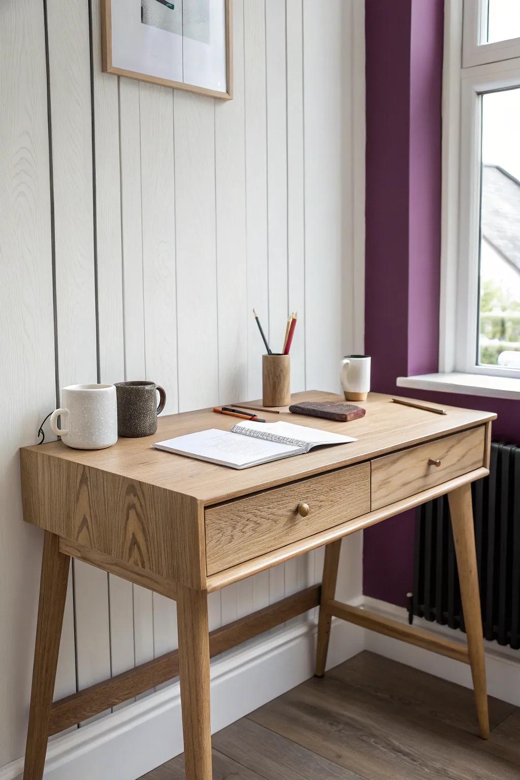 A single strip of purple peel-and-stick turns a tiny desk nook into a chic focal point.