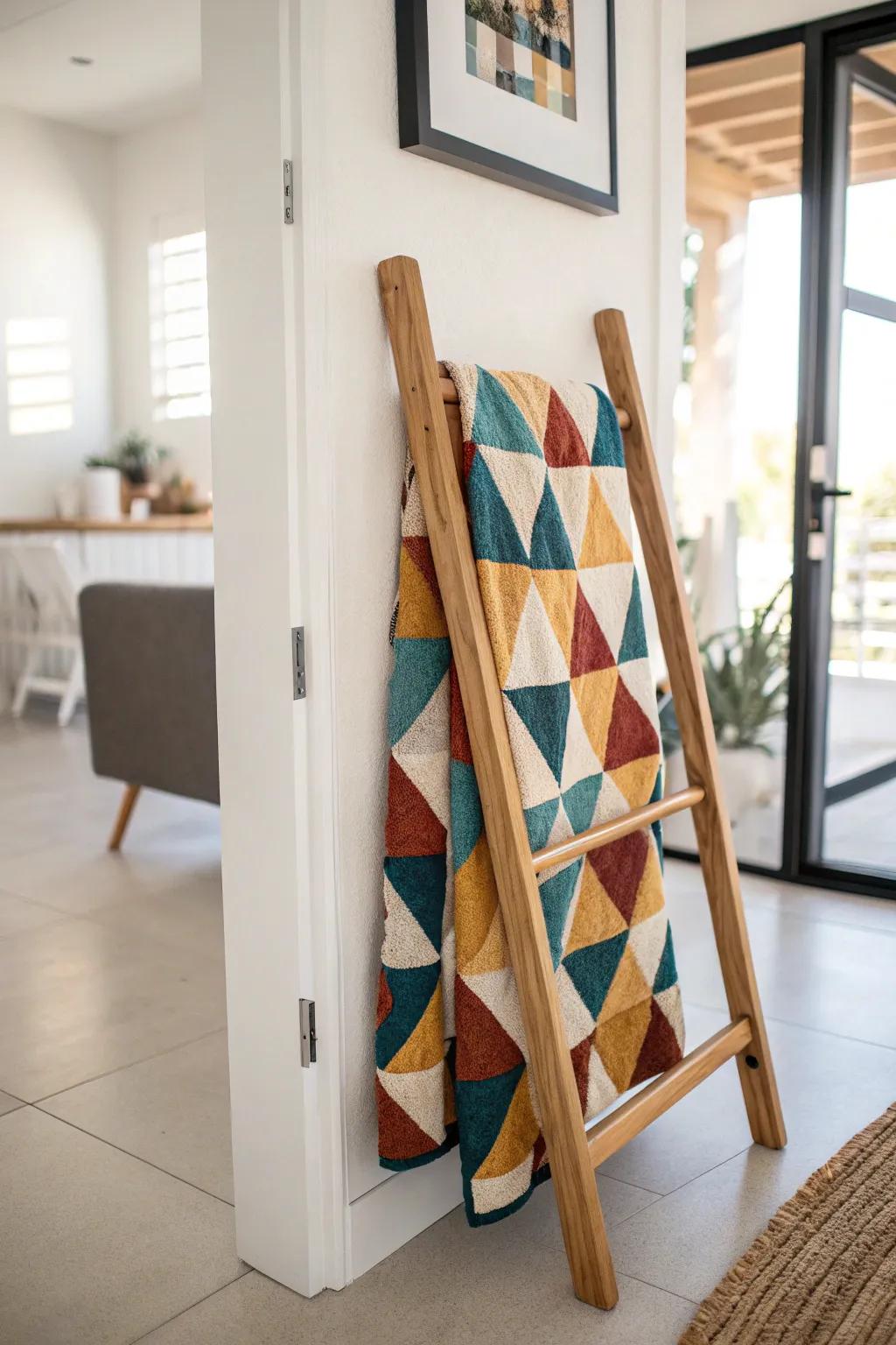 Quilt rack gallery-wall moment: sleek frames fade back so the bold quilt pattern shines.