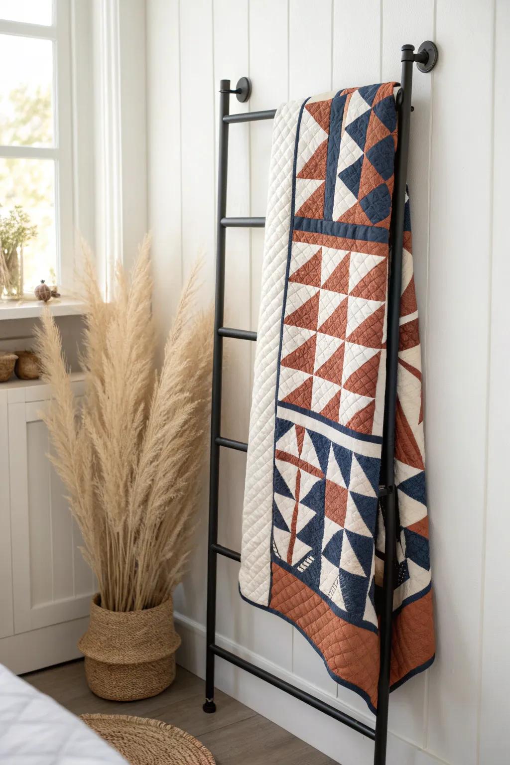 Turn one quilt into wall art: a simple blanket bar display that swaps seasonally.
