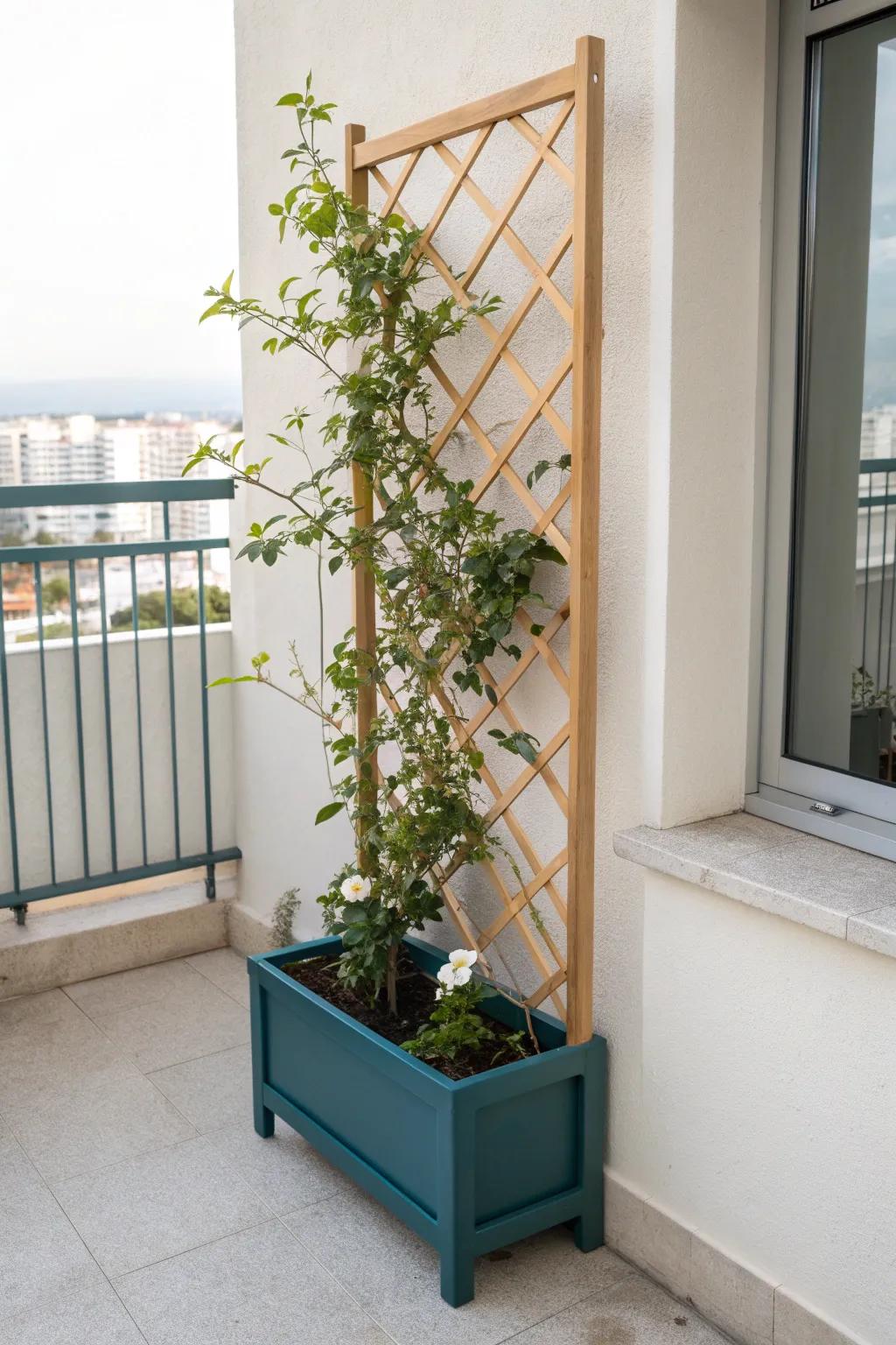 Slim trellis + railing planter: let vines climb up for privacy on a magical mini balcony.