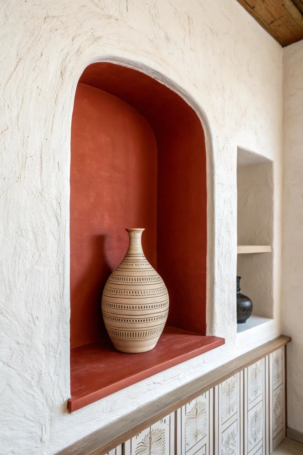 A bold painted-in niche adds instant depth—one handmade vase makes it feel truly designed.