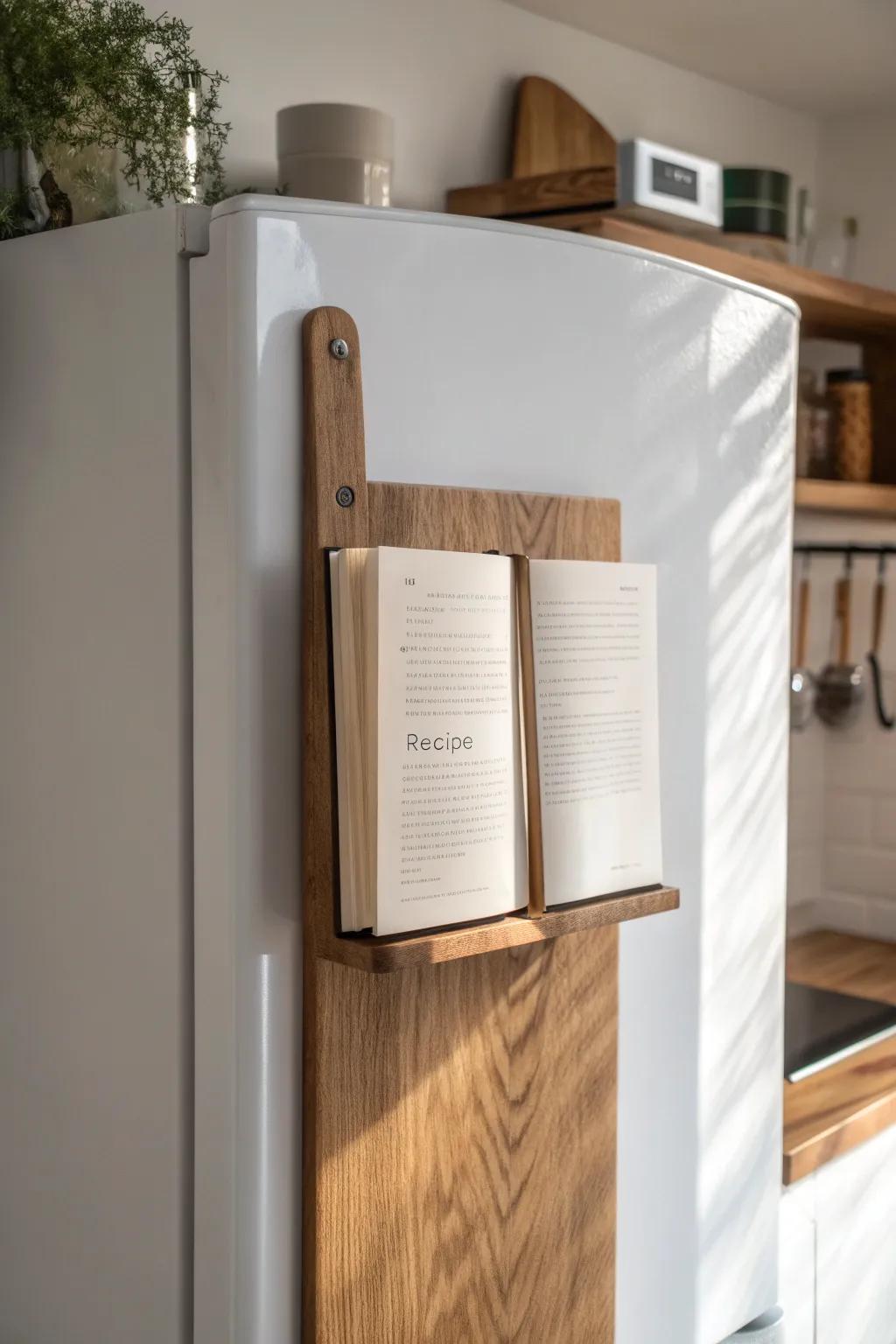 A slim fridge-side recipe ledge keeps your favorite cookbook open—no counter space needed.