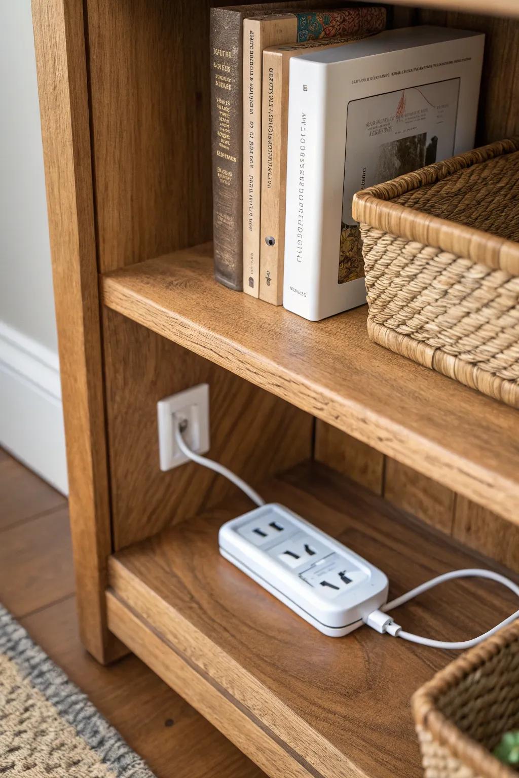 A pretty shelf that stays pretty: hide a chic charging station behind a boho cover.