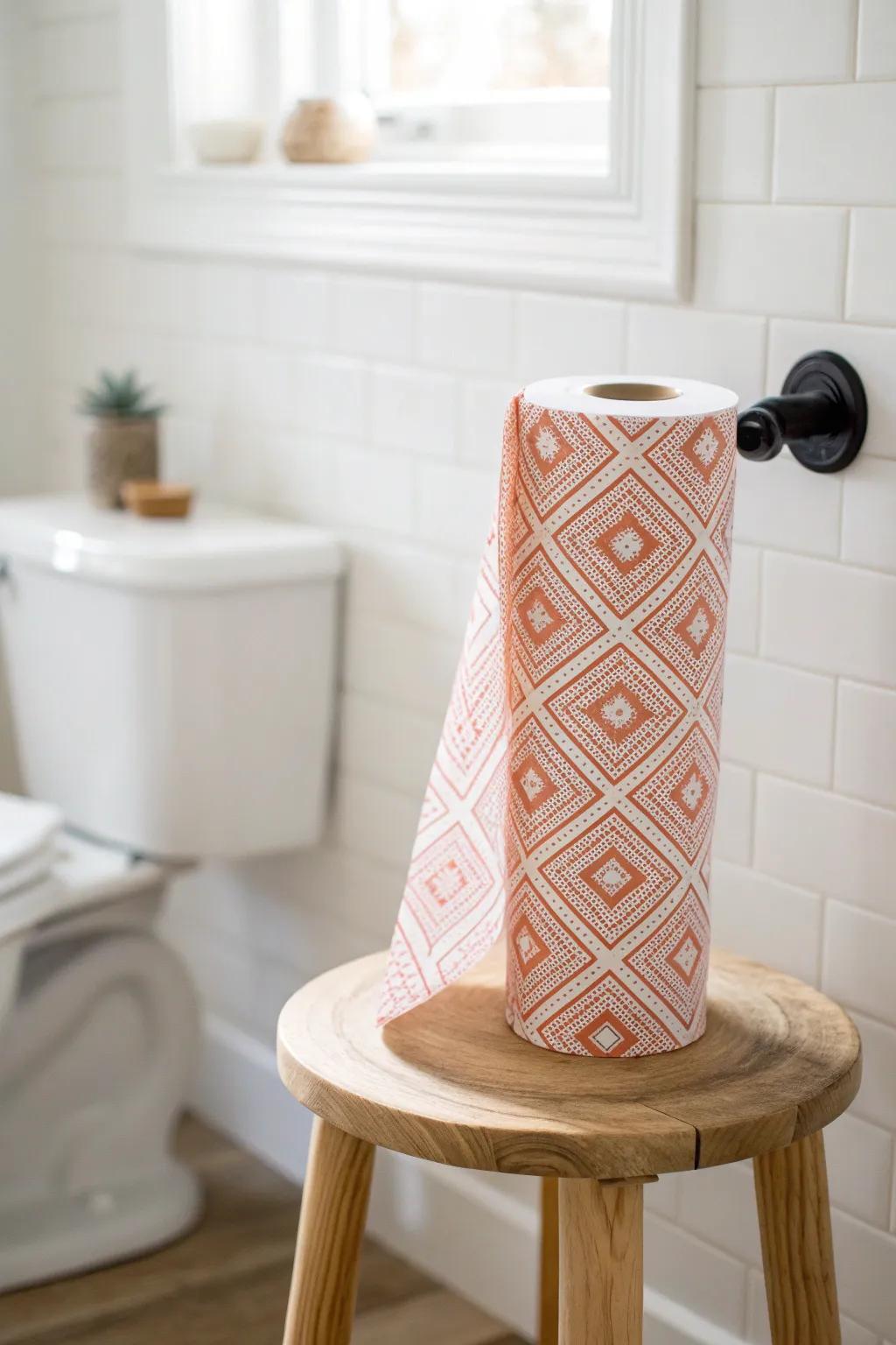 Peel-and-stick wallpaper adds a bold bathroom focal point—renter-friendly and easy to remove.