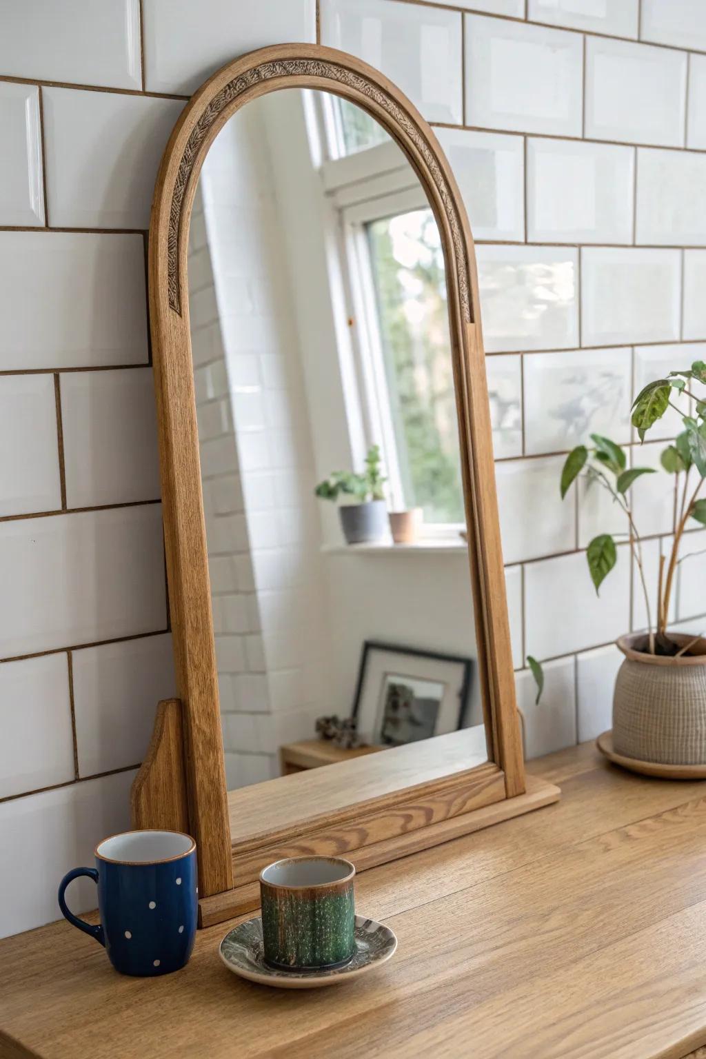 Lean a dresser mirror as a backsplash accent to bounce light and make a tiny kitchen feel luxe.