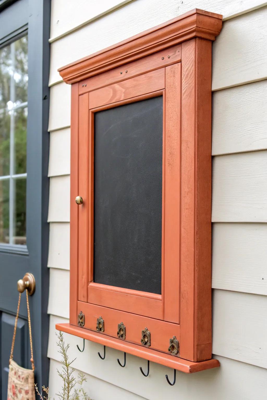 Old cabinet door, new purpose: a chic chalkboard message center with simple brass hooks.