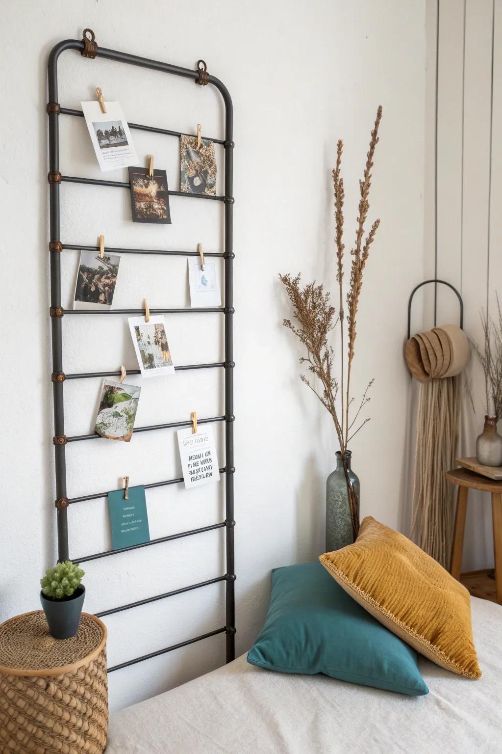 Old bed spring, new wow-factor: textured wall art that holds photos and stems—zero floor space.