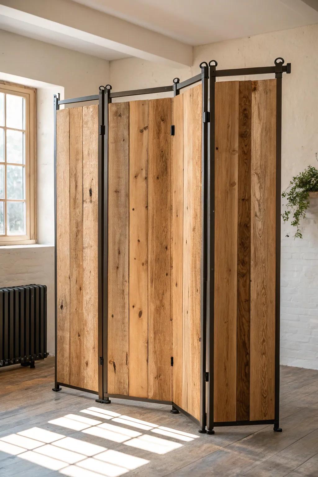 Chunky pivoting timber posts add rustic architecture and flexible privacy to small spaces.