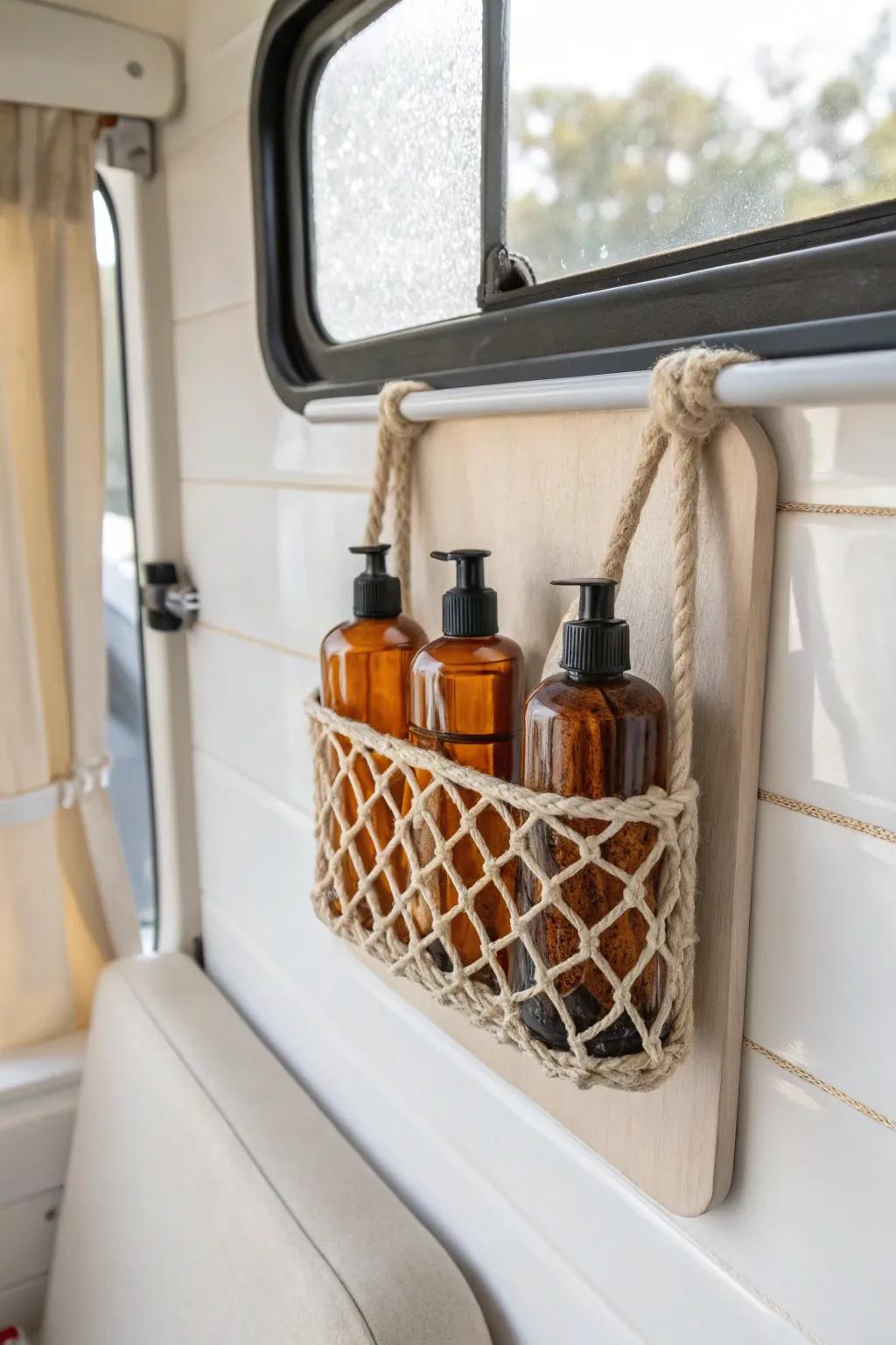 A stay-put elastic net keeps RV shower bottles snug on bumpy travel days—simple and chic.