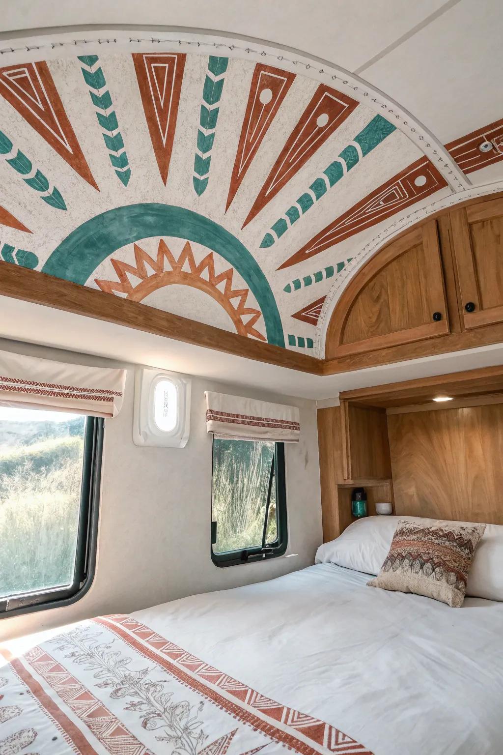 Wake up under a hand-painted RV ceiling mural—tiny space, big boutique-hotel vibe.