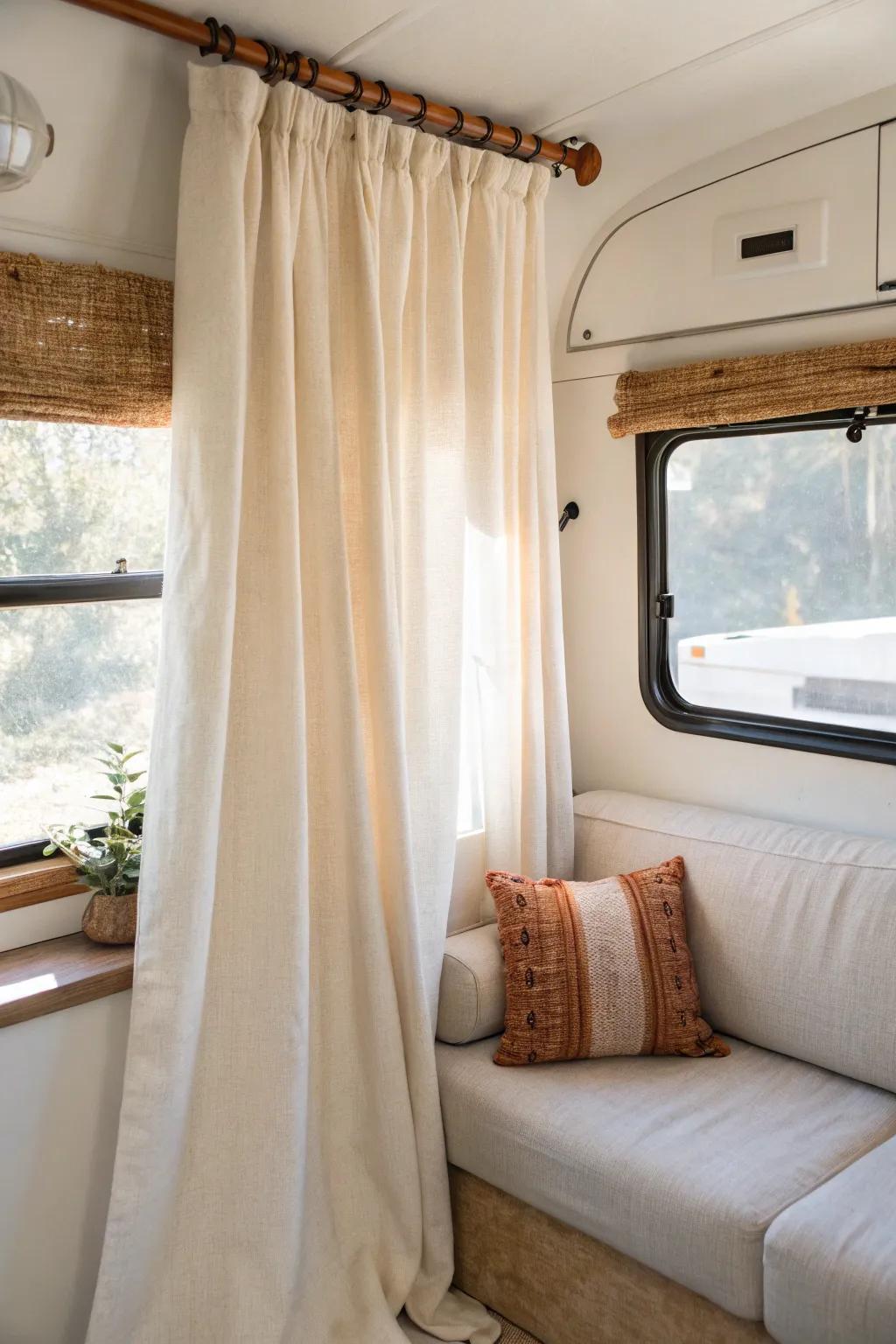Swap bulky valances for airy linen curtains—instantly turns the RV couch into a cozy nook.