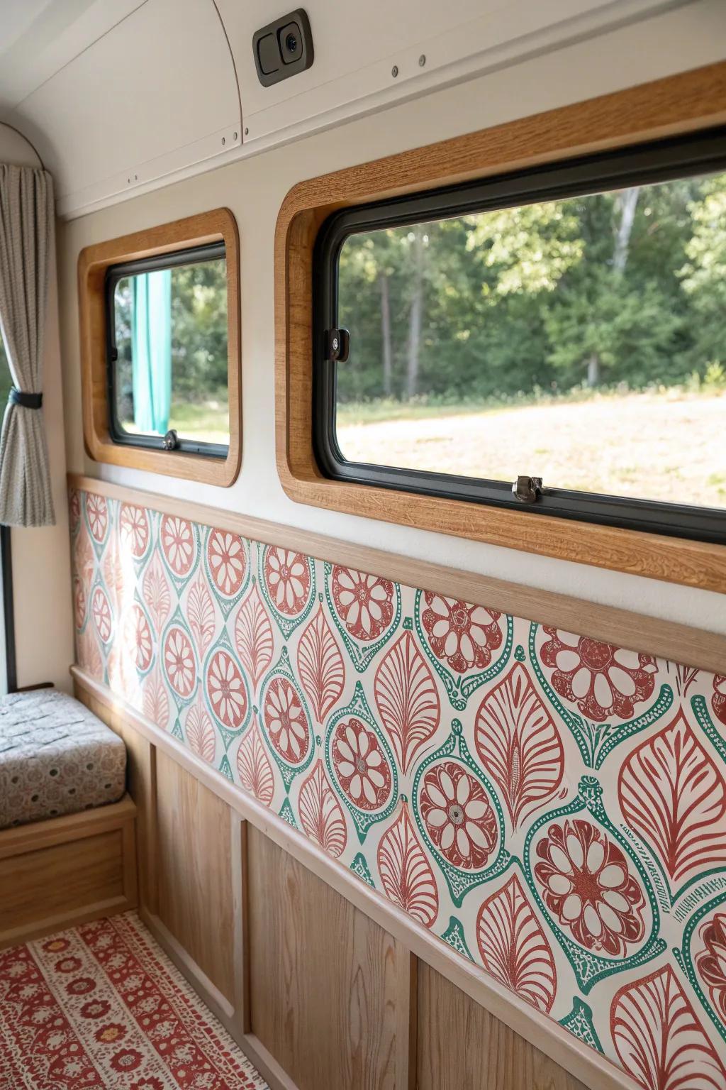 A bold removable wallpaper strip adds designer detail to your RV—no full-wall commitment.