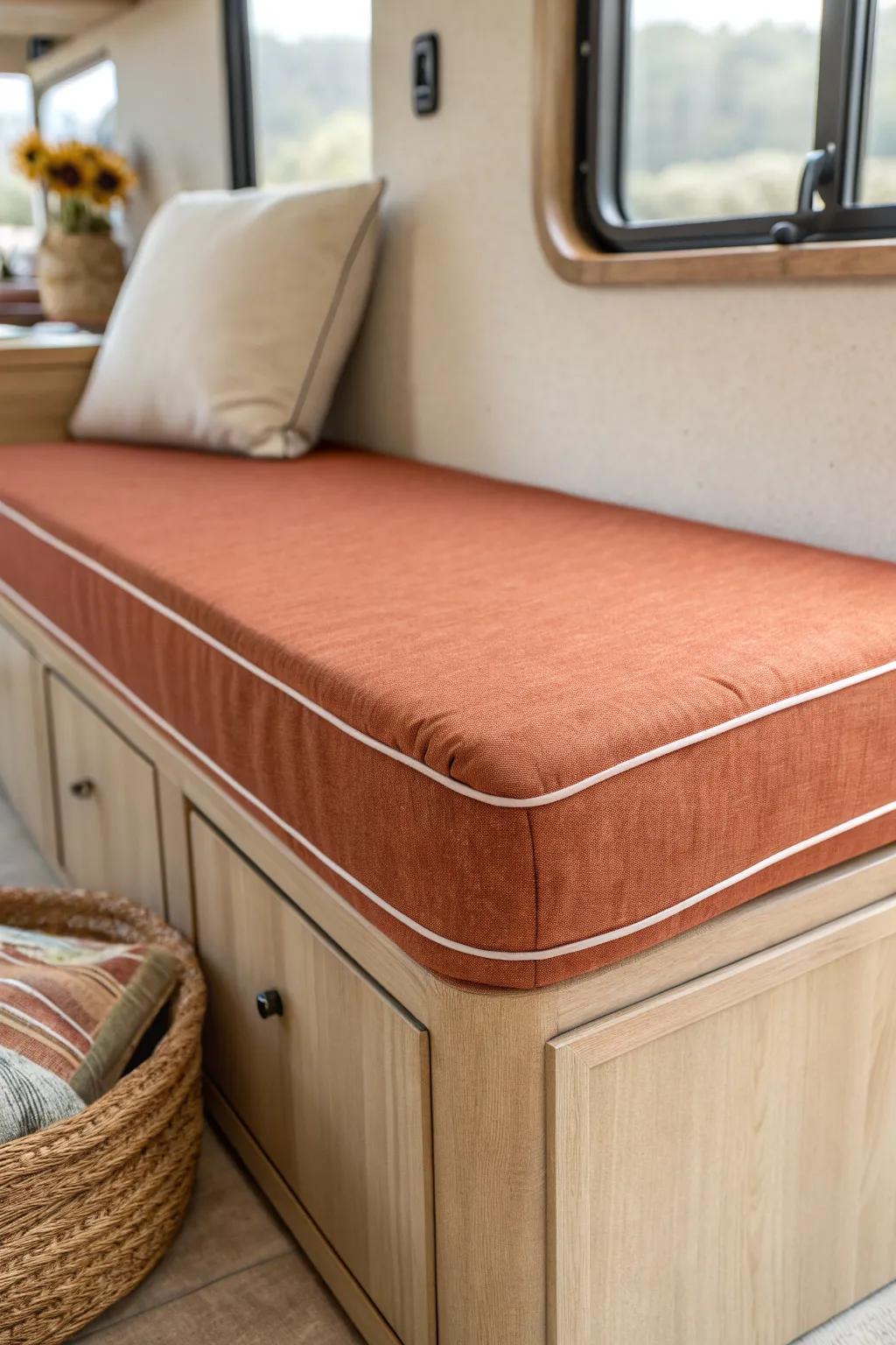 Washable slipcovered cushion in bold terracotta—swap the cover for instant, easy RV updates.