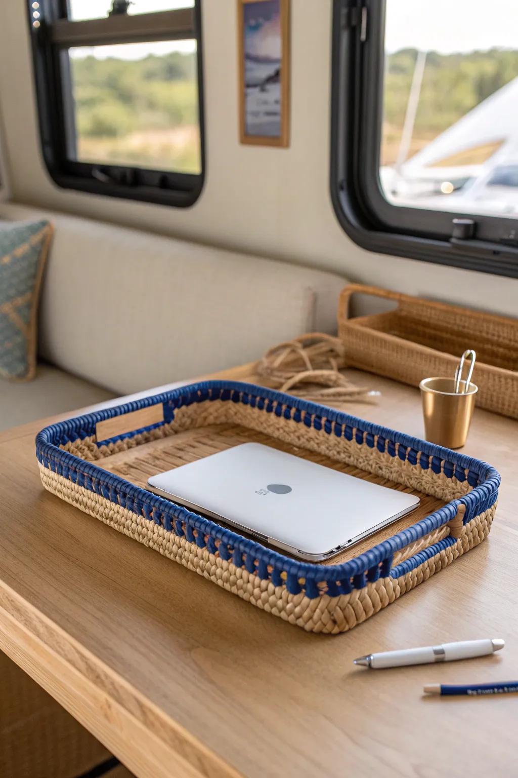 A pretty tray corrals work gear so your RV dinette flips from desk to dinner in seconds.