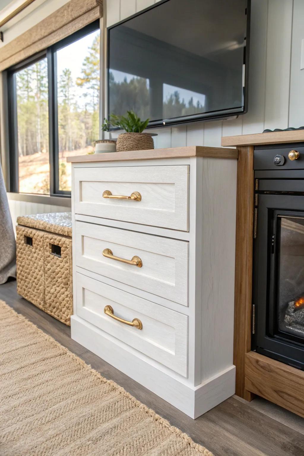 Swap that unused RV fireplace for sleek drawers—more storage, same cozy vibe.