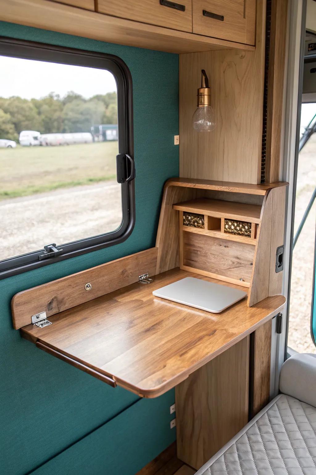 A fold-down RV desk in light oak—tiny footprint, big function, and a clean Scandinavian look.
