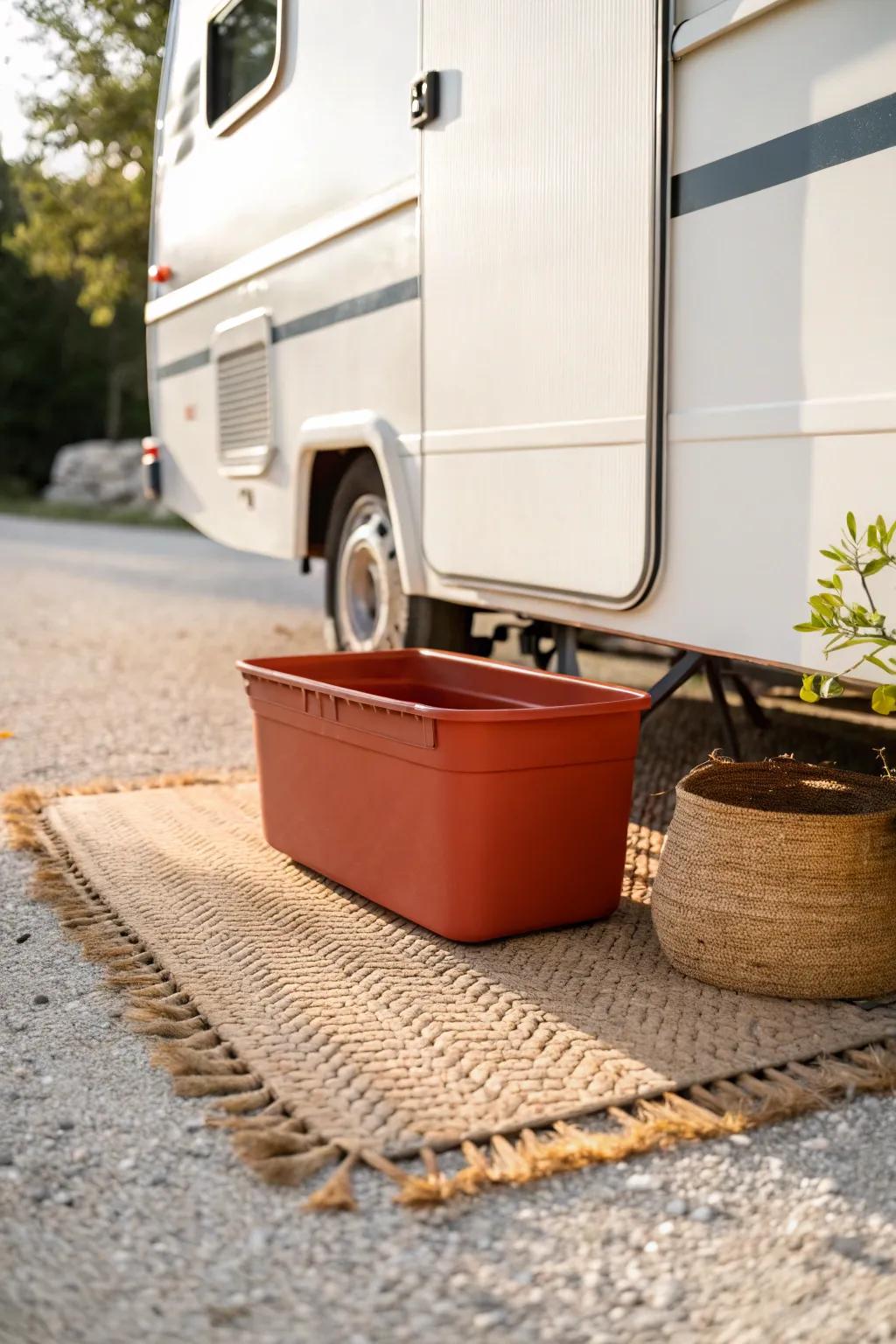A chic hidden RV skirt stash: one waterproof bin tucked behind a woven mat while parked.