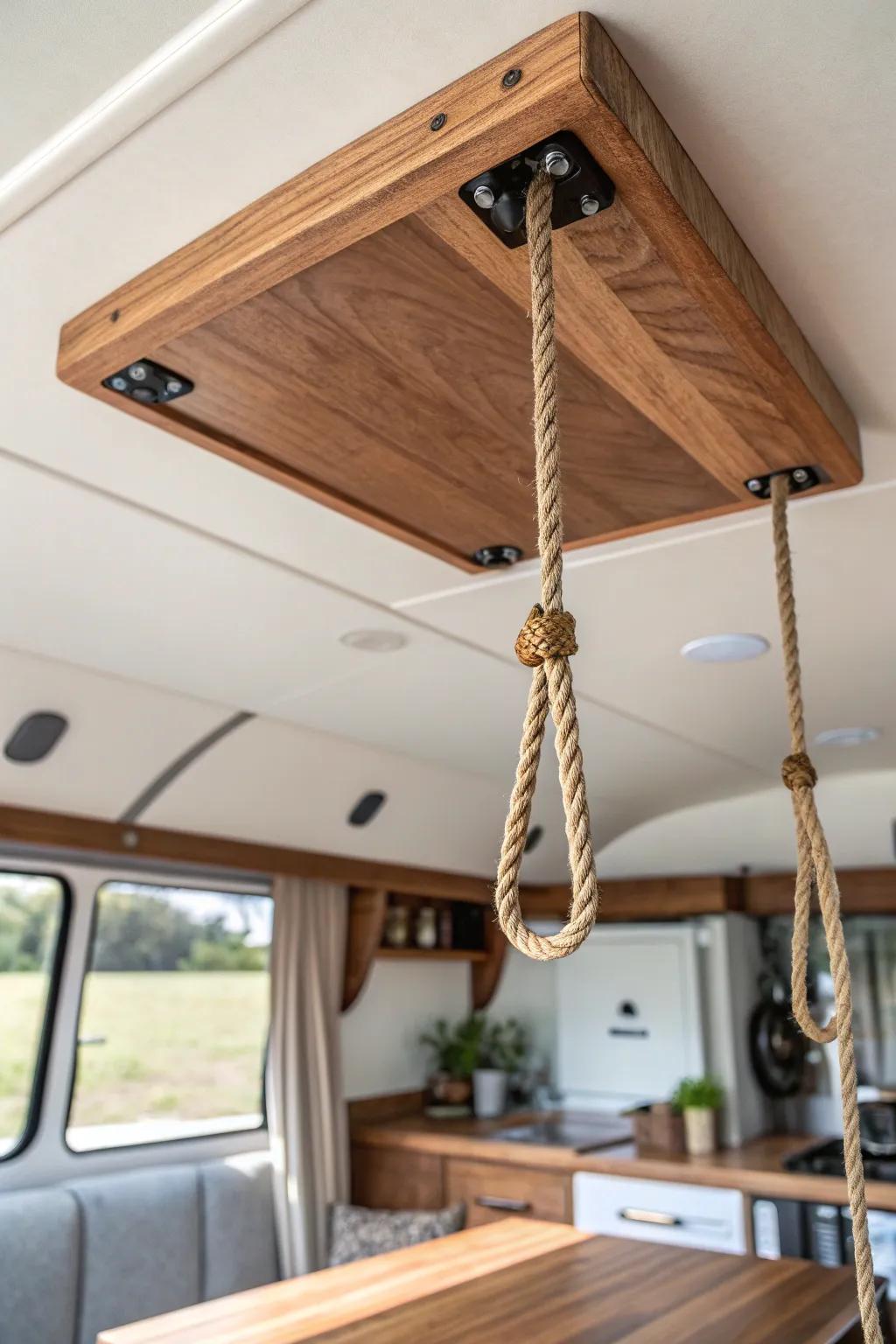 A ceiling-hung pulley table that lifts away—instant RV dining space, doubled and dreamy.
