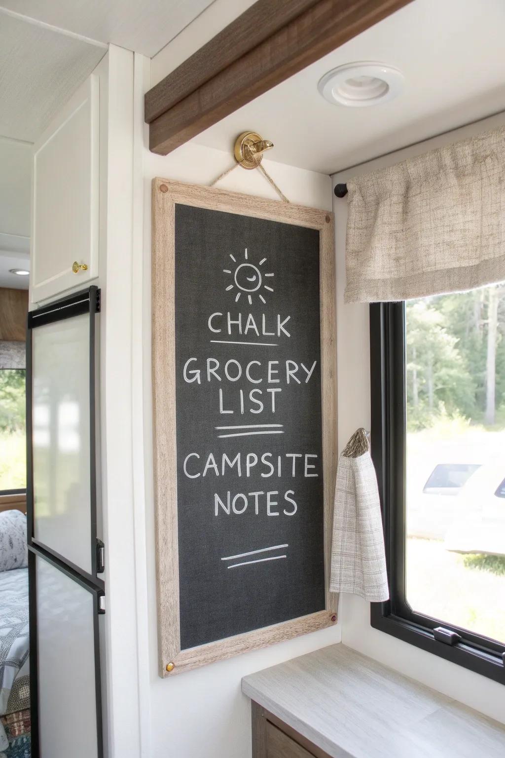 A removable chalkboard wallpaper zone for RV notes—cute, clutter-free, and high-contrast.
