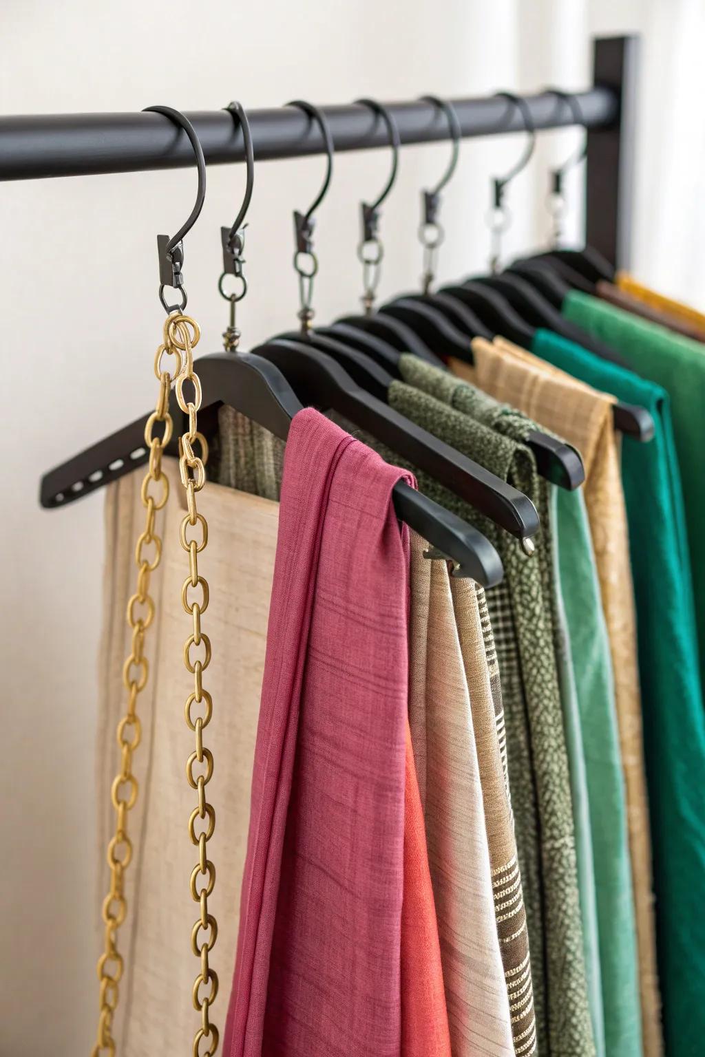 A cascading clip-hanger chain keeps sarees tidy in one sleek vertical column.