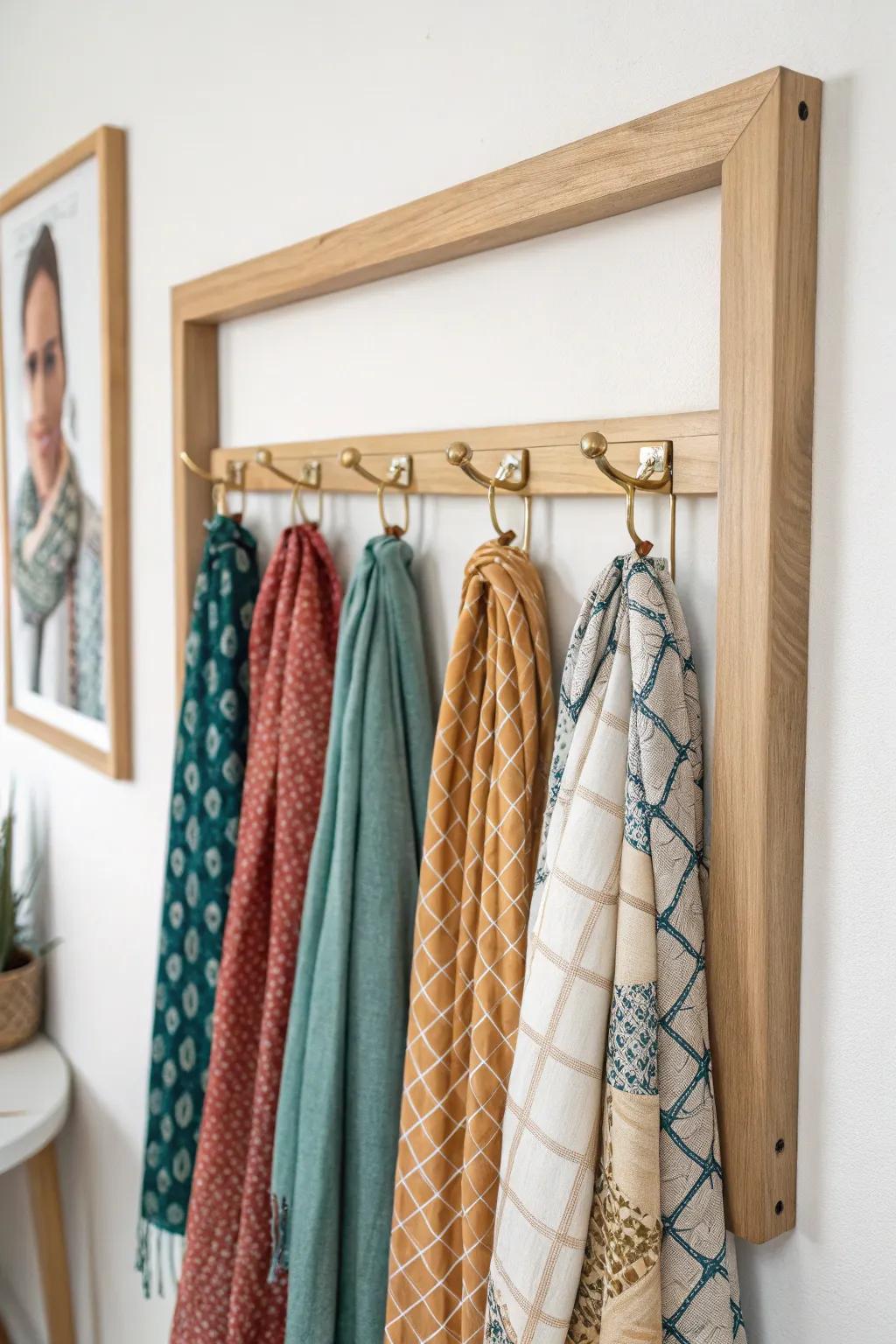 Turn a picture frame into scarf art—brass clips make a chic, space-saving mini gallery.