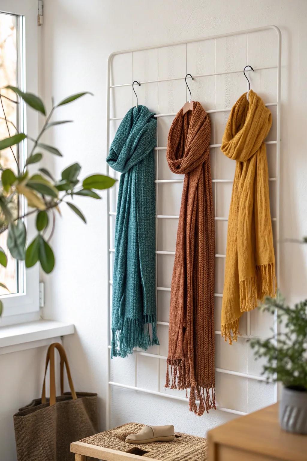 Wire grid scarf wall: a chic woven display that keeps favorites visible, tidy, and clutter-free.