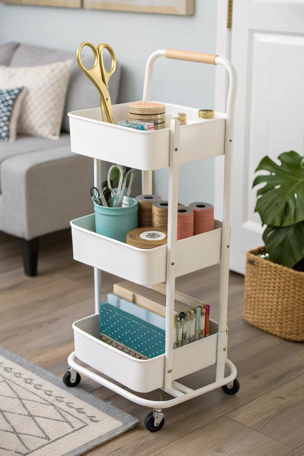 A chic rolling cart keeps scrapbook essentials mobile—create fast, then tuck it away.