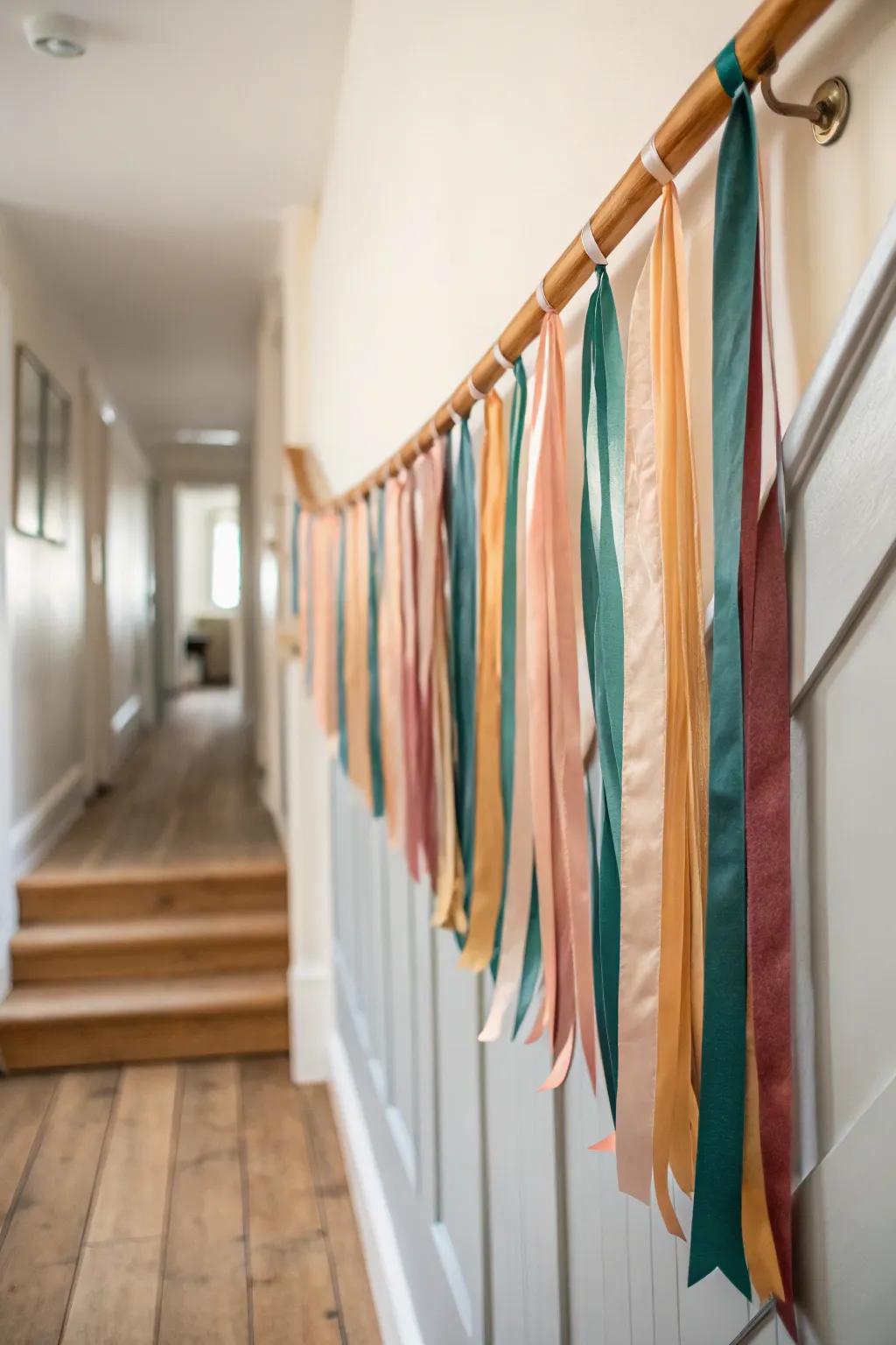 Walk-through ceiling ribbons for a soft sensory brush moment—minimal, boho, and beautiful.