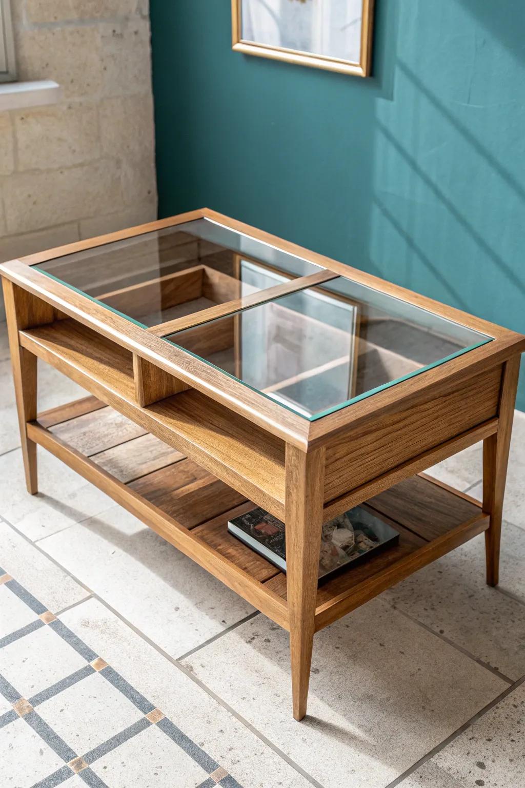 Add tiered risers inside your shadow box coffee table for depth and a curated, museum vibe.