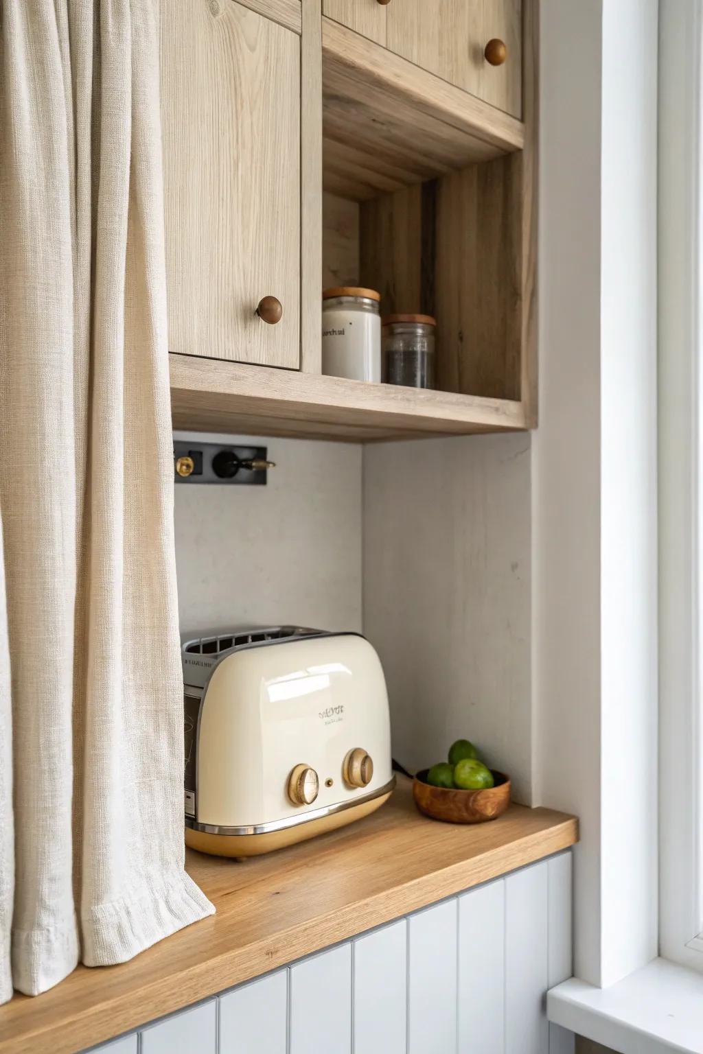 A shallow appliance shelf hidden by a linen curtain—calm, chic storage for tiny kitchens.