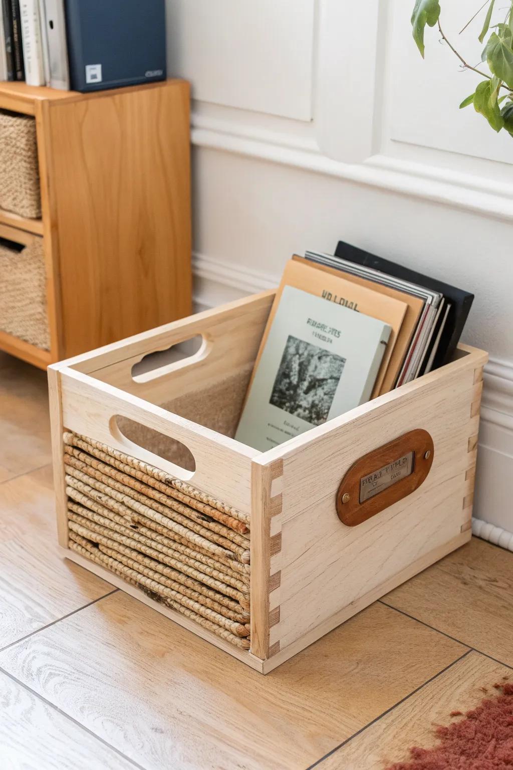 Crate-style box tames bulky sheet music books—sturdy, chic storage that stays by your instrument.