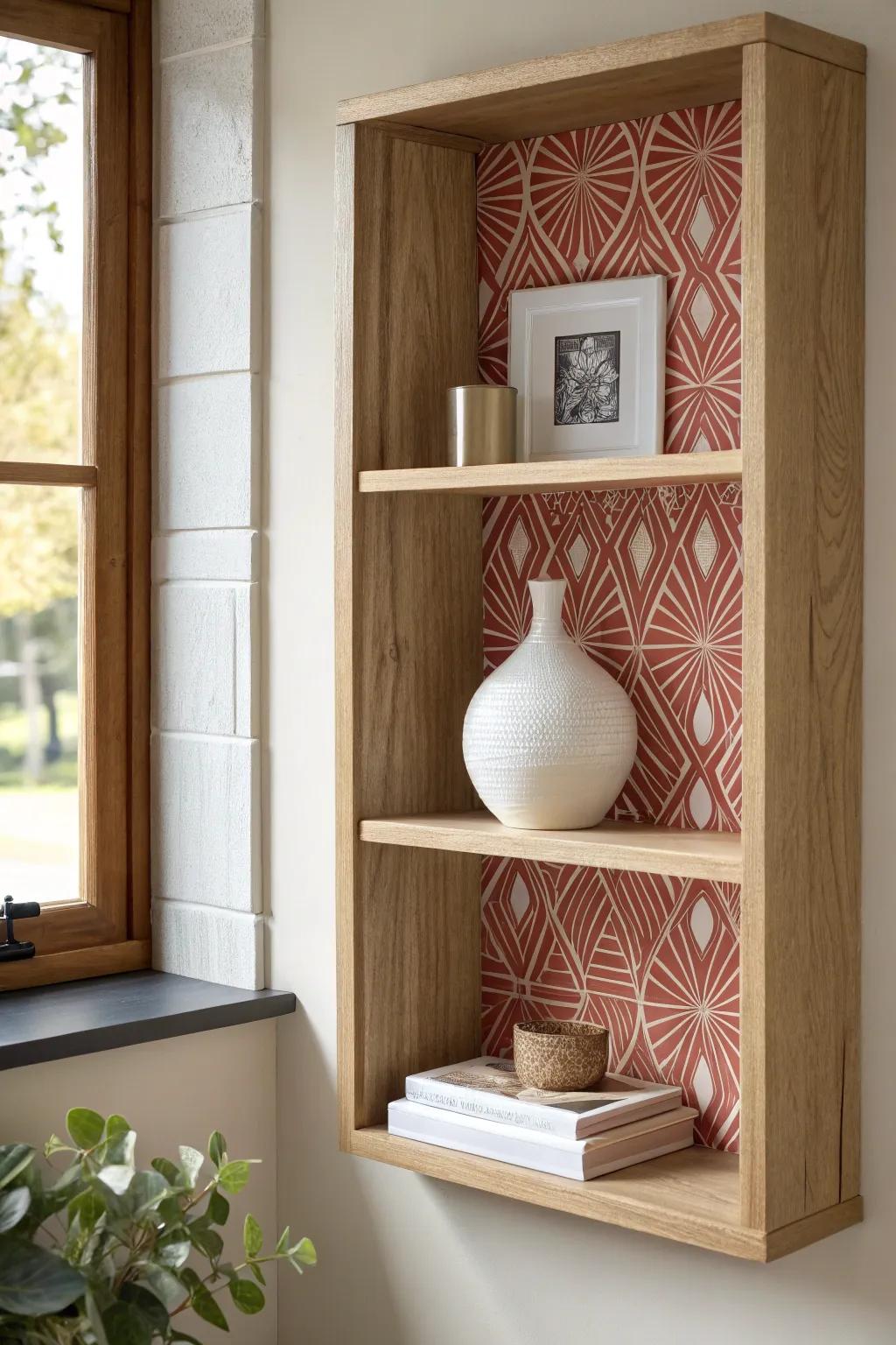 Peel-and-stick wallpaper turns a simple open shelf bay into a custom-looking statement.