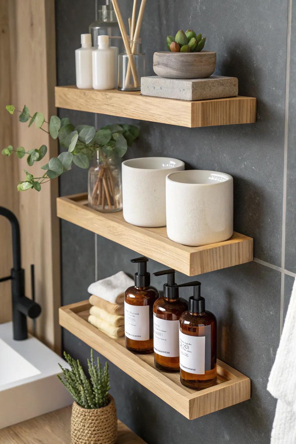 Bathroom micro shelf stack: 3 short shelves + matching containers to keep tiny counters clear.