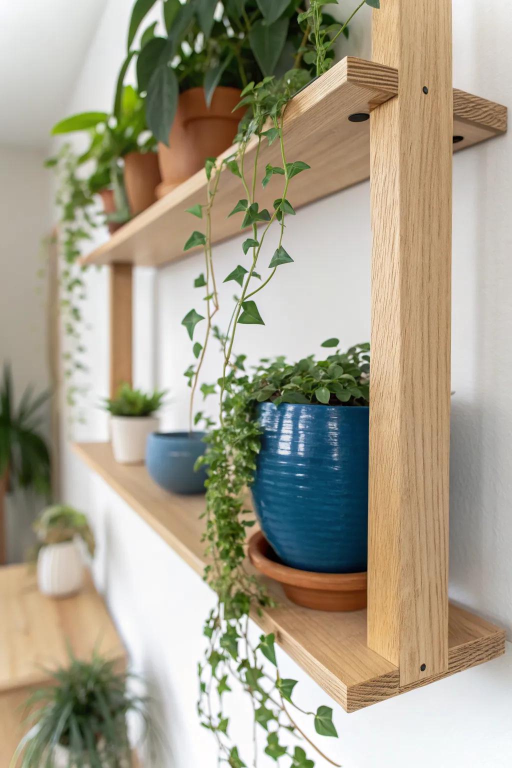 A plant-forward wall shelf: mix upright + trailing greens for instant living-room softness.