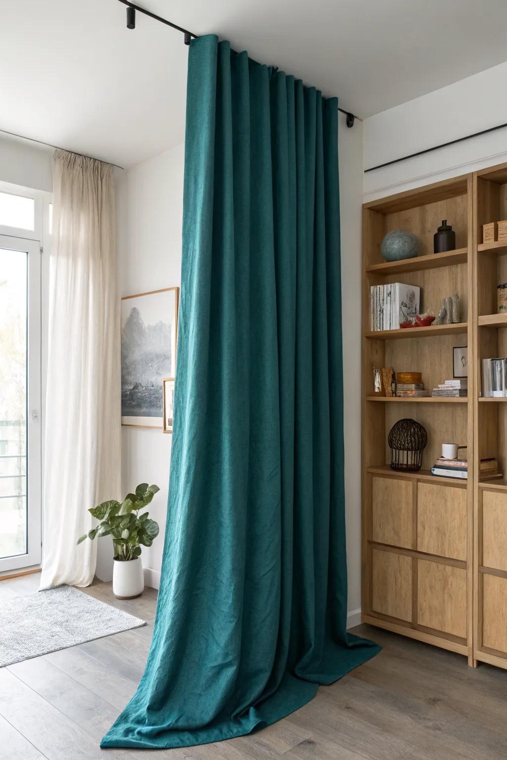 A ceiling-mounted curtain hides corner shelves—calm decor up front, storage behind.