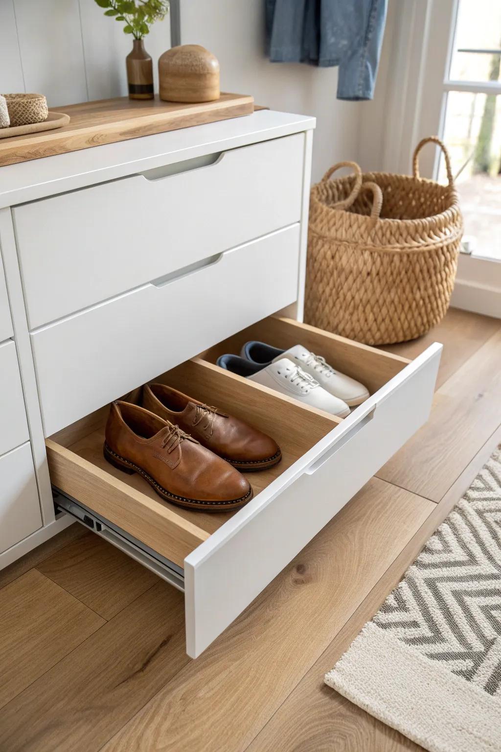 A hidden toe-kick drawer keeps slim shoes tucked away—perfect for small-space entryways.