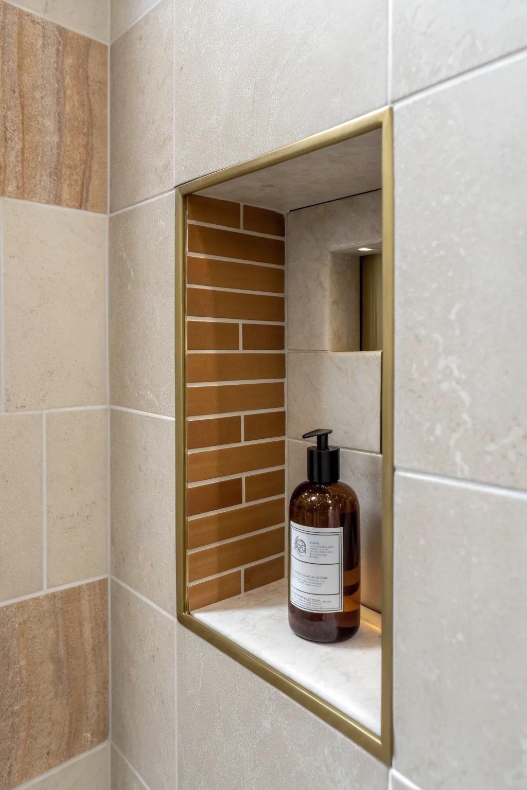 A slim two-tone inlay strip adds a tailored niche border—minimal, warm, and high-contrast.