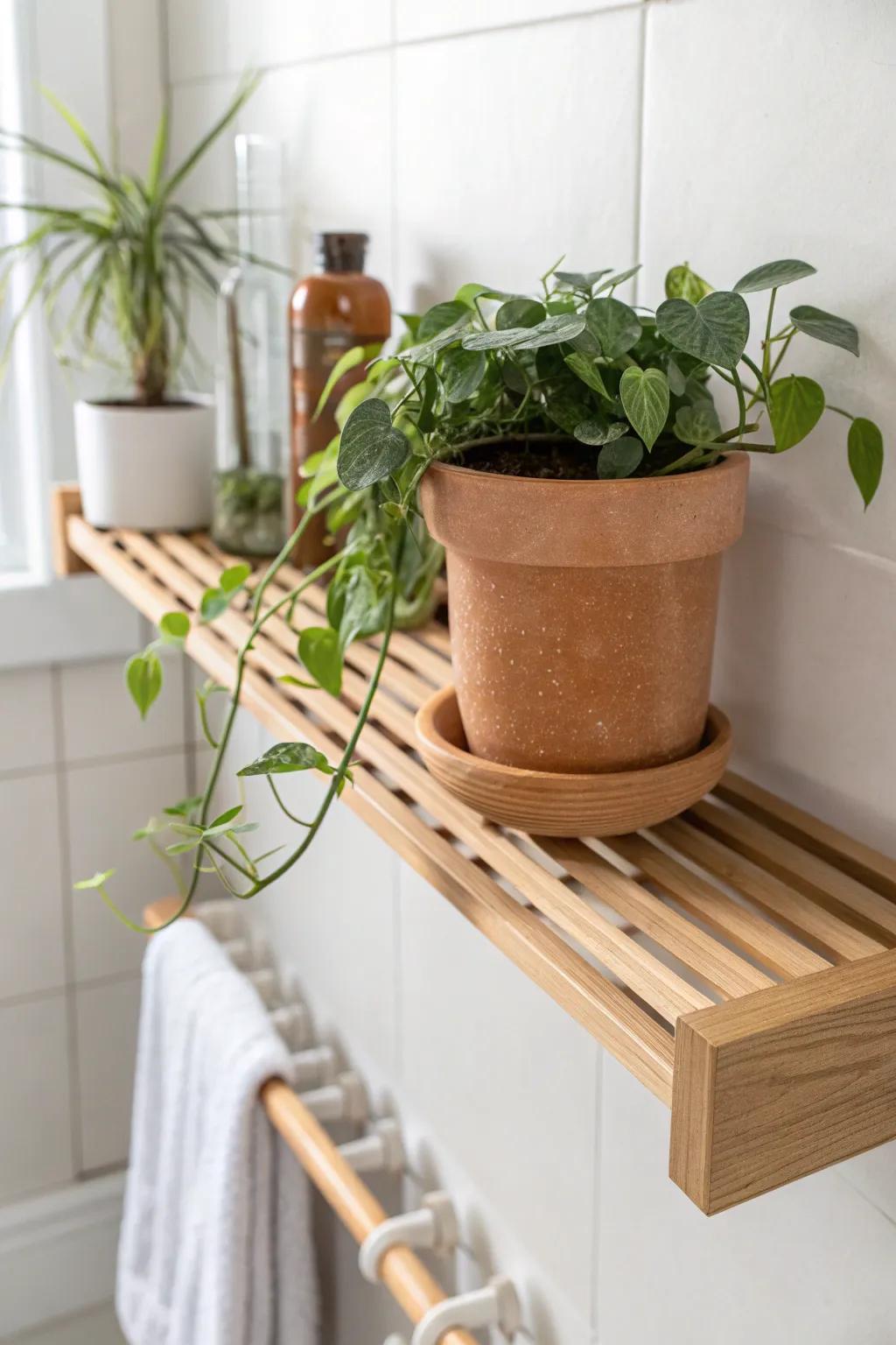 A high plant perch shelf adds luxe greenery without stealing space in a small shower.