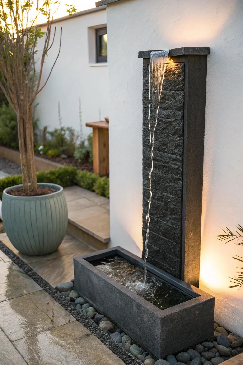 A slim patio fountain adds calming sound and spa vibes—perfect for a narrow side patio.