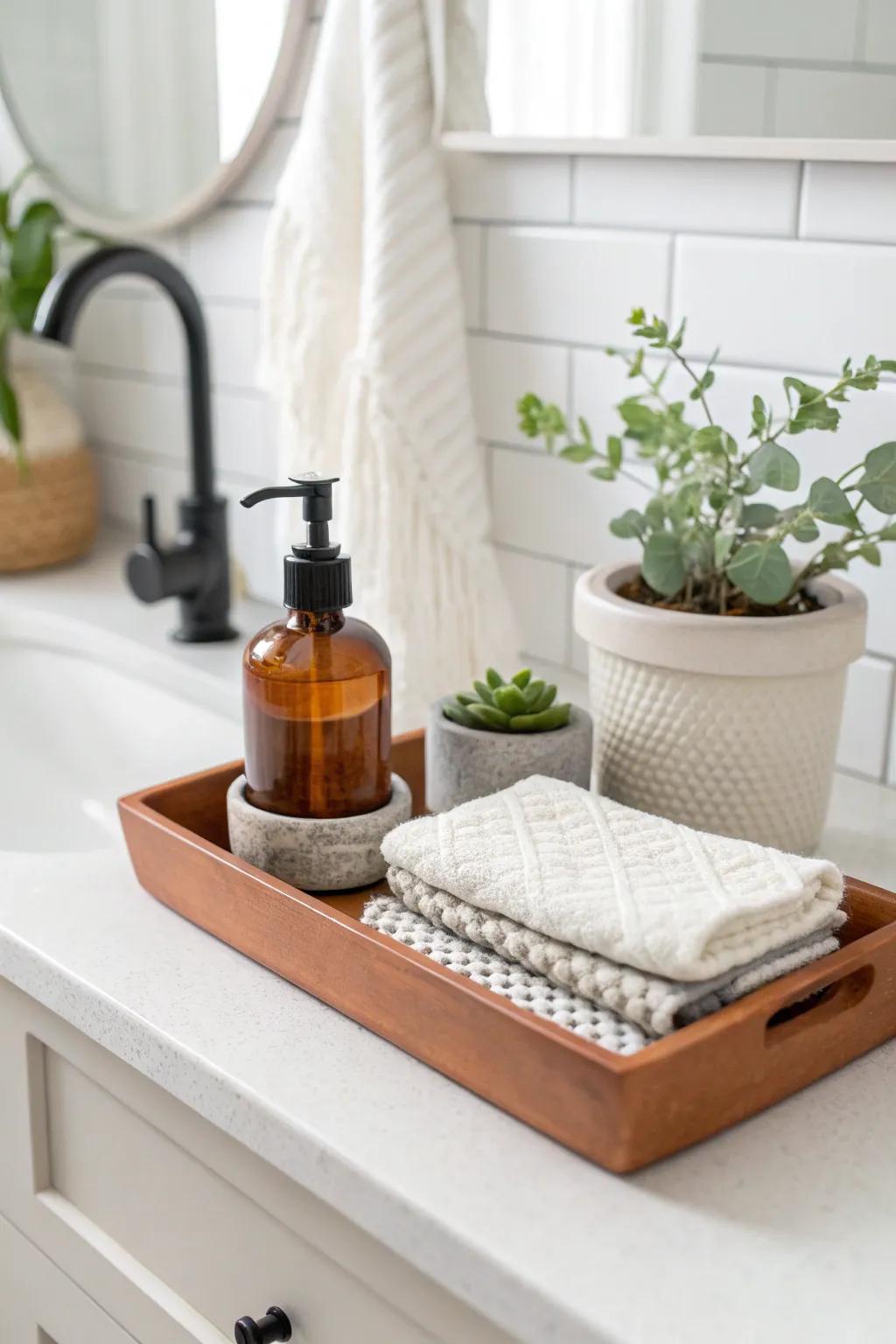 A tiny apothecary tray: soap, plant, and towel—instant spa vibes for small bathrooms.