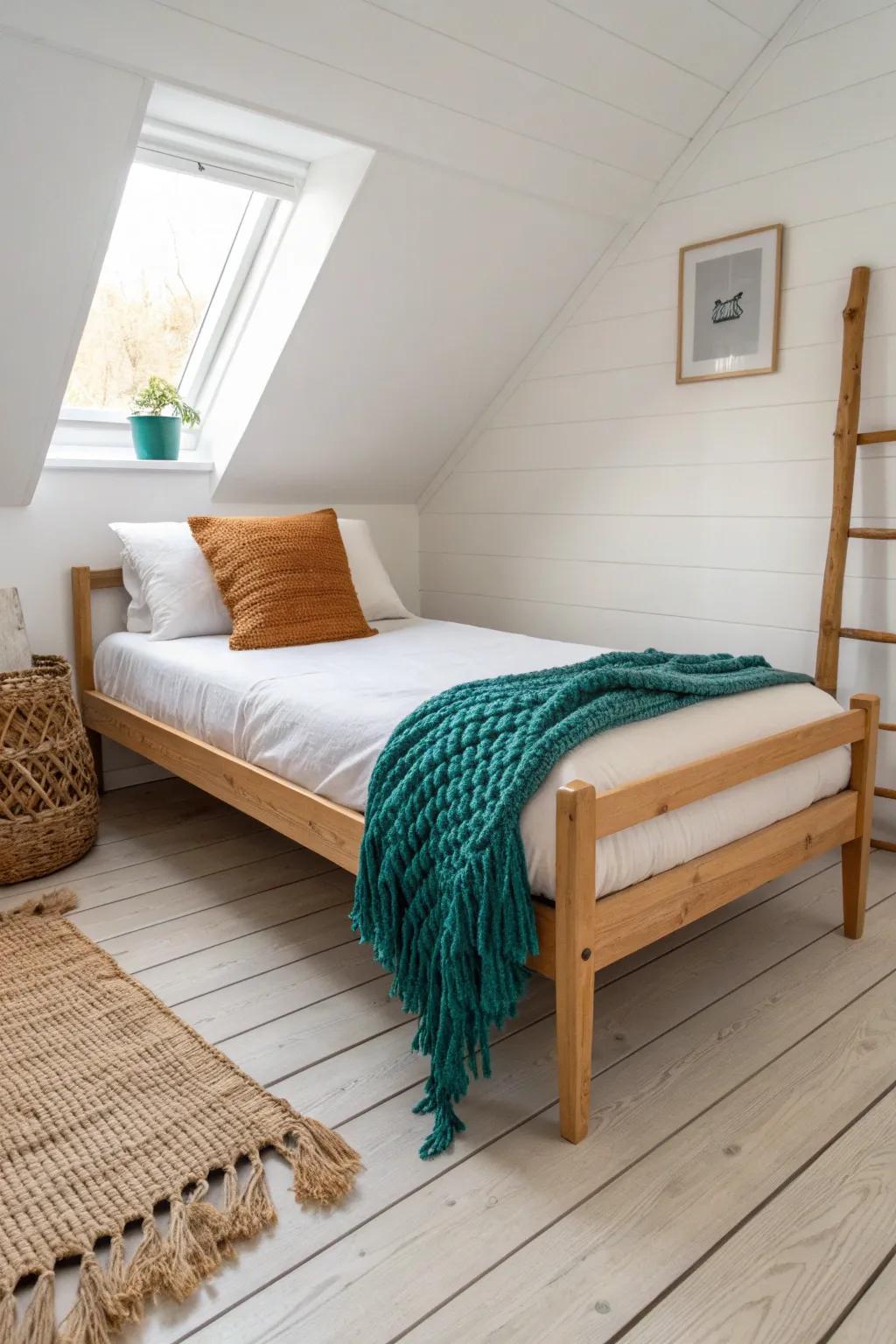 Diagonal bed placement opens up flow in a tiny dorm—surprisingly chic and space-smart.