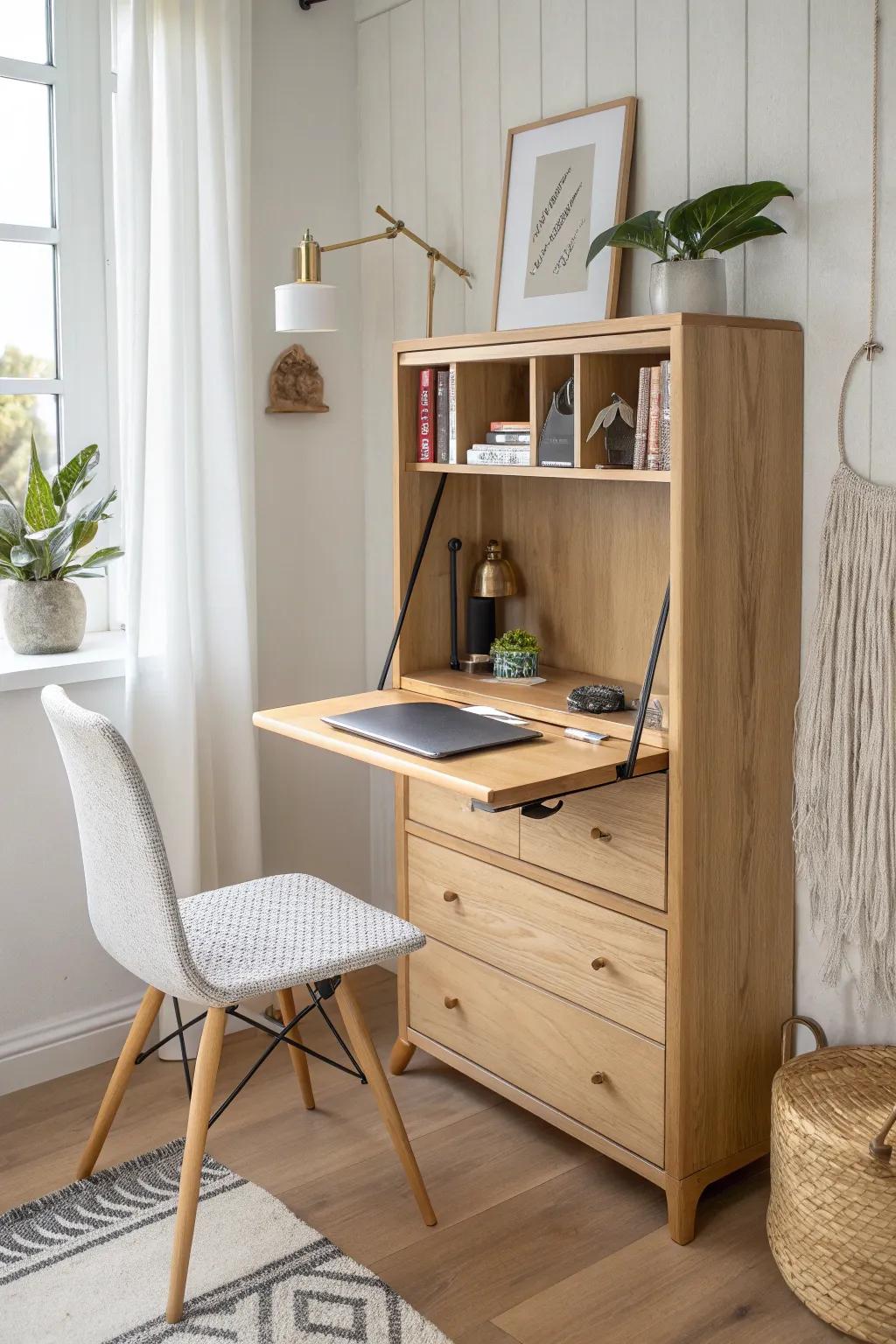 A fold-down mom desk adds a grown-up workspace that disappears at bedtime.